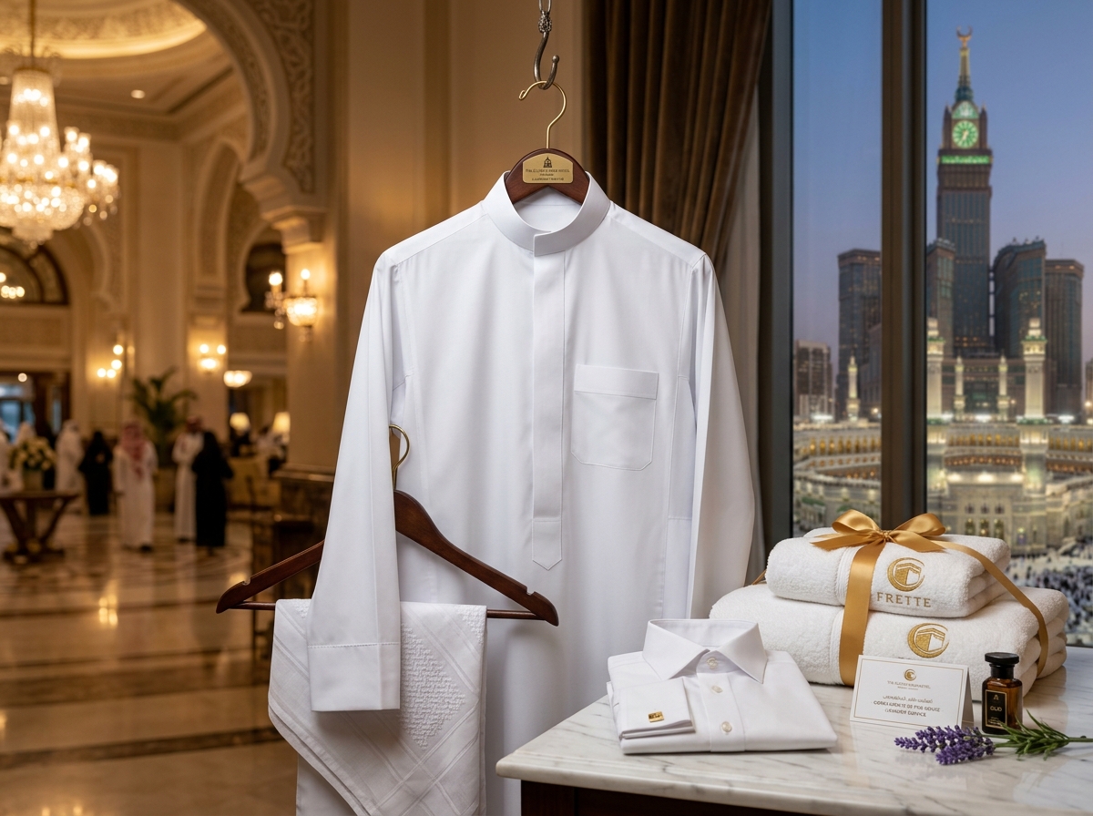 Hotel laundry and crisply pressed Thobes with Makkah Clock Tower background