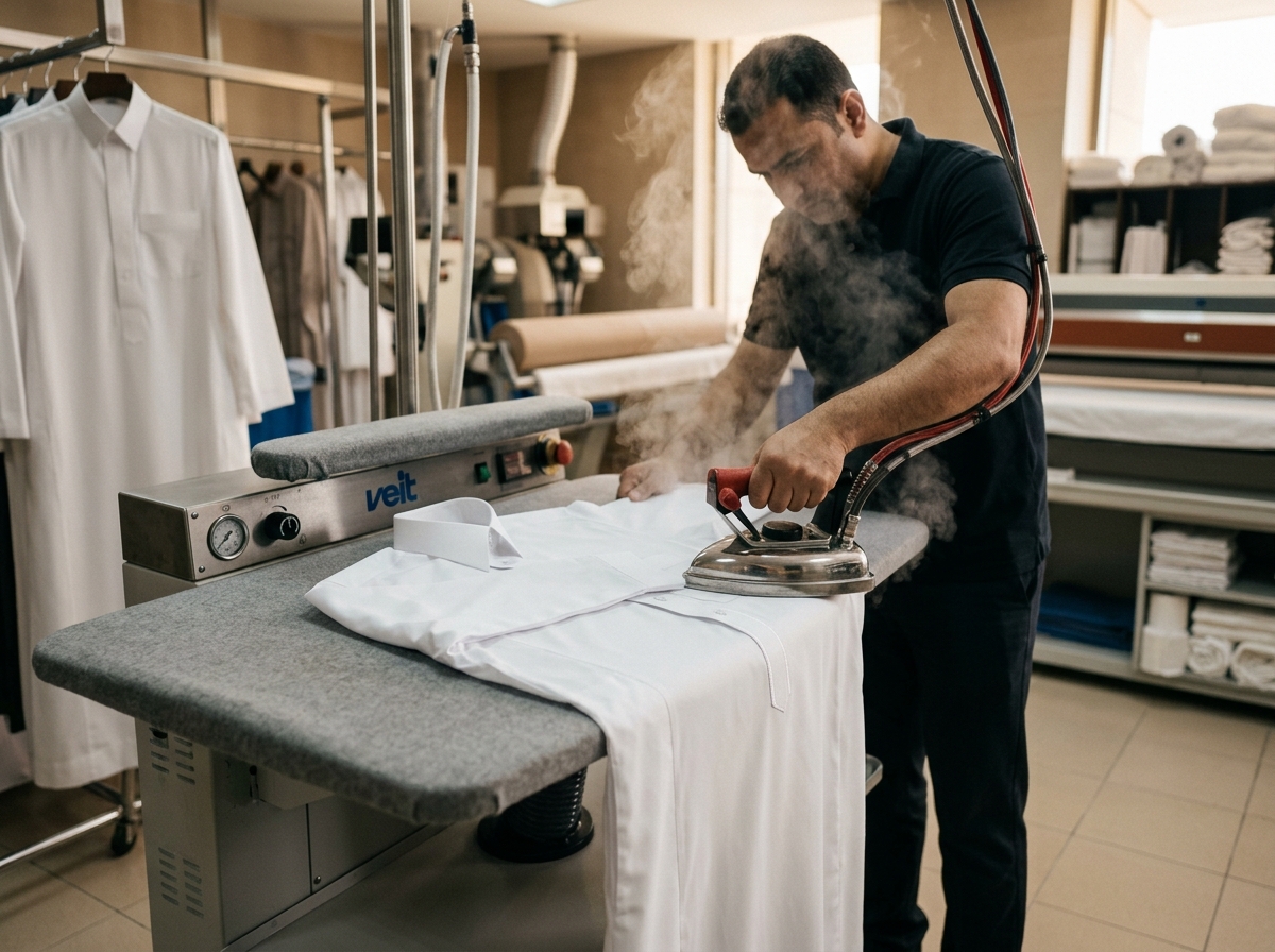 Saudi Thobe steam ironing and precision collar finishing